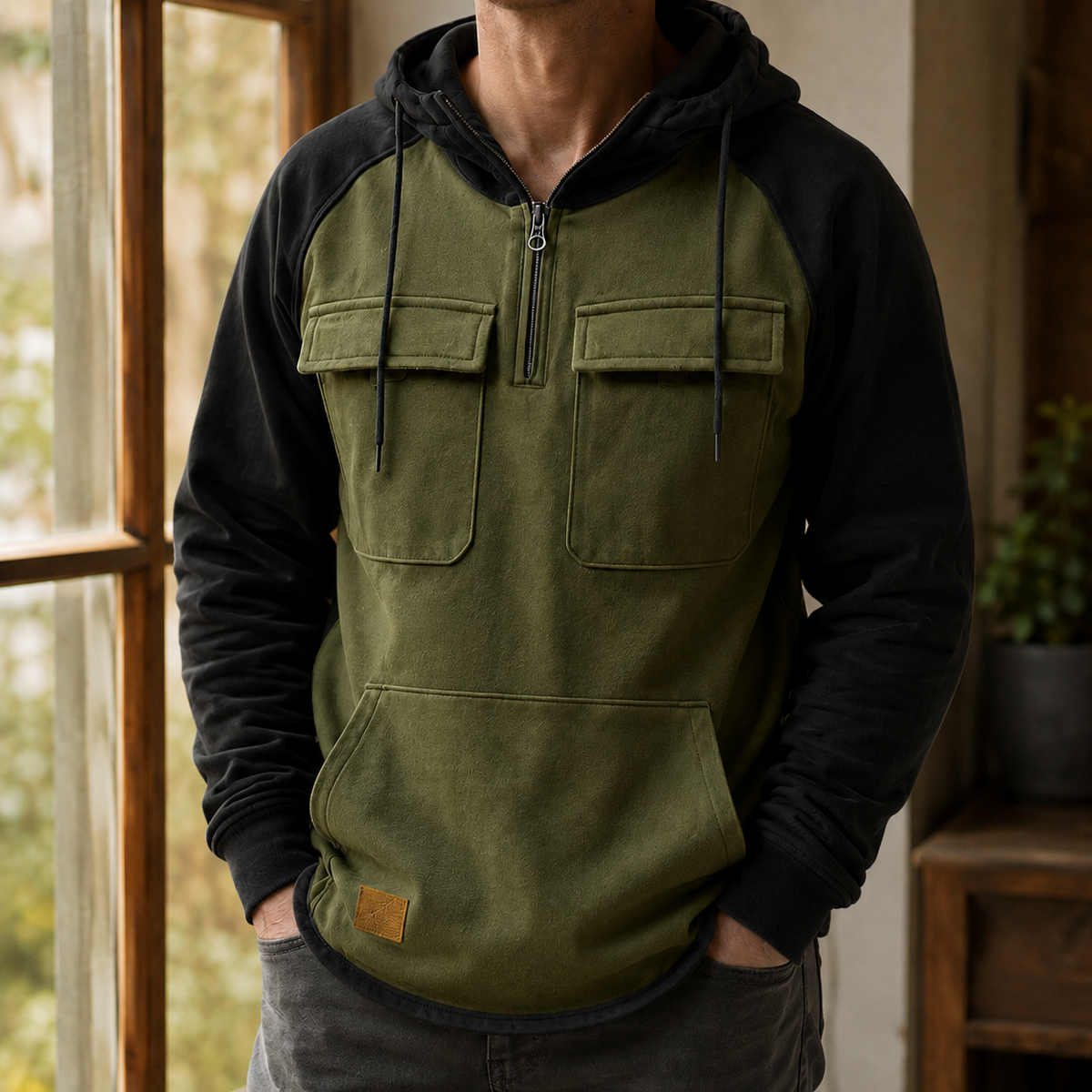 Áo hoodie màu xám pha cotton tiện dụng