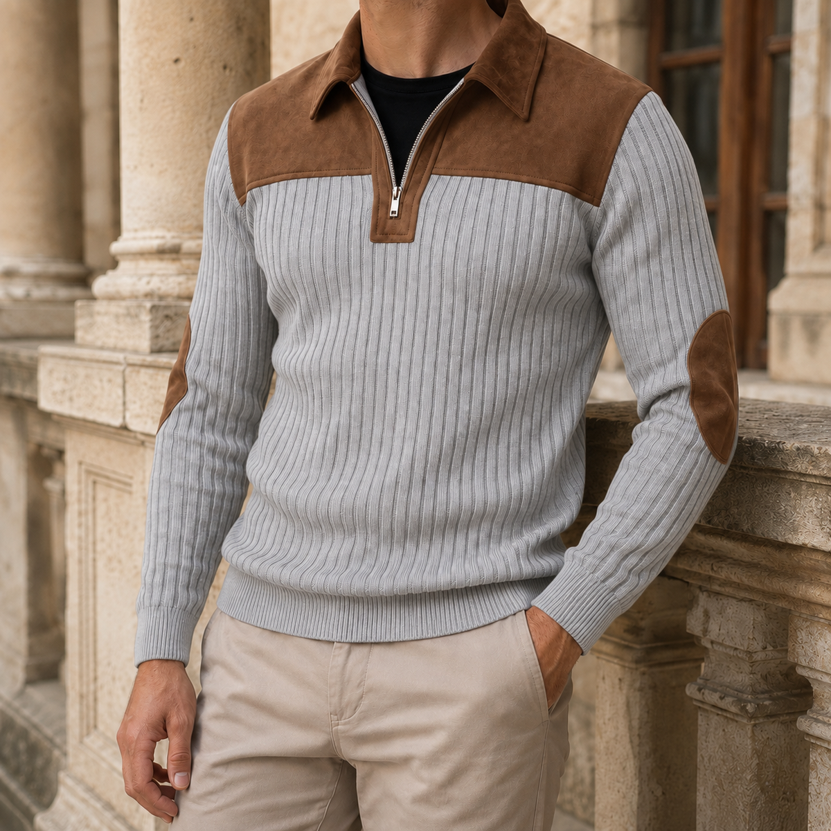 Gerippter Strickpullover mit kurzem Reißverschluss