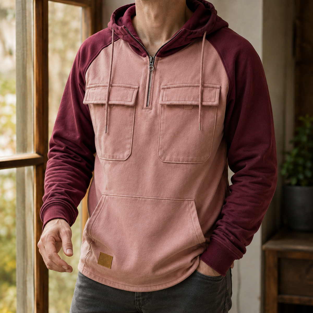 Áo hoodie màu xám pha cotton tiện dụng
