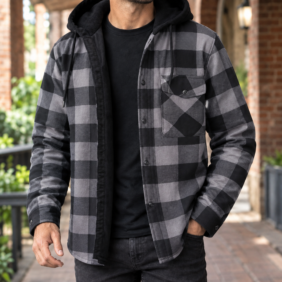Camisa-casaco de ganga com capuz e padrão aos quadrados