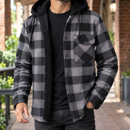 Camisa-casaco de ganga com capuz e padrão aos quadrados