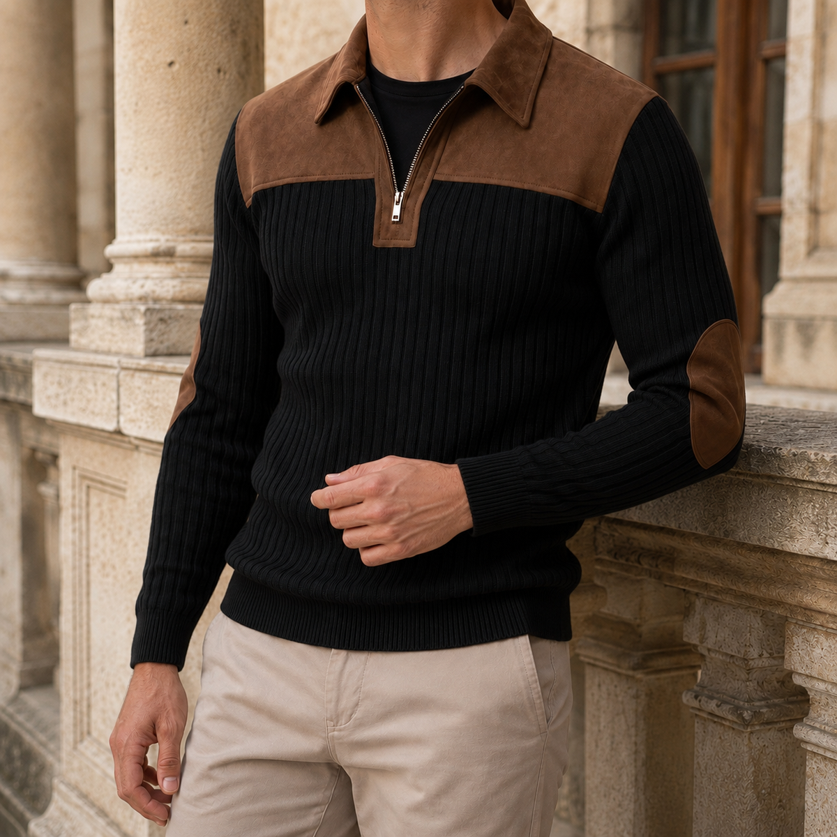 Gerippter Strickpullover mit kurzem Reißverschluss