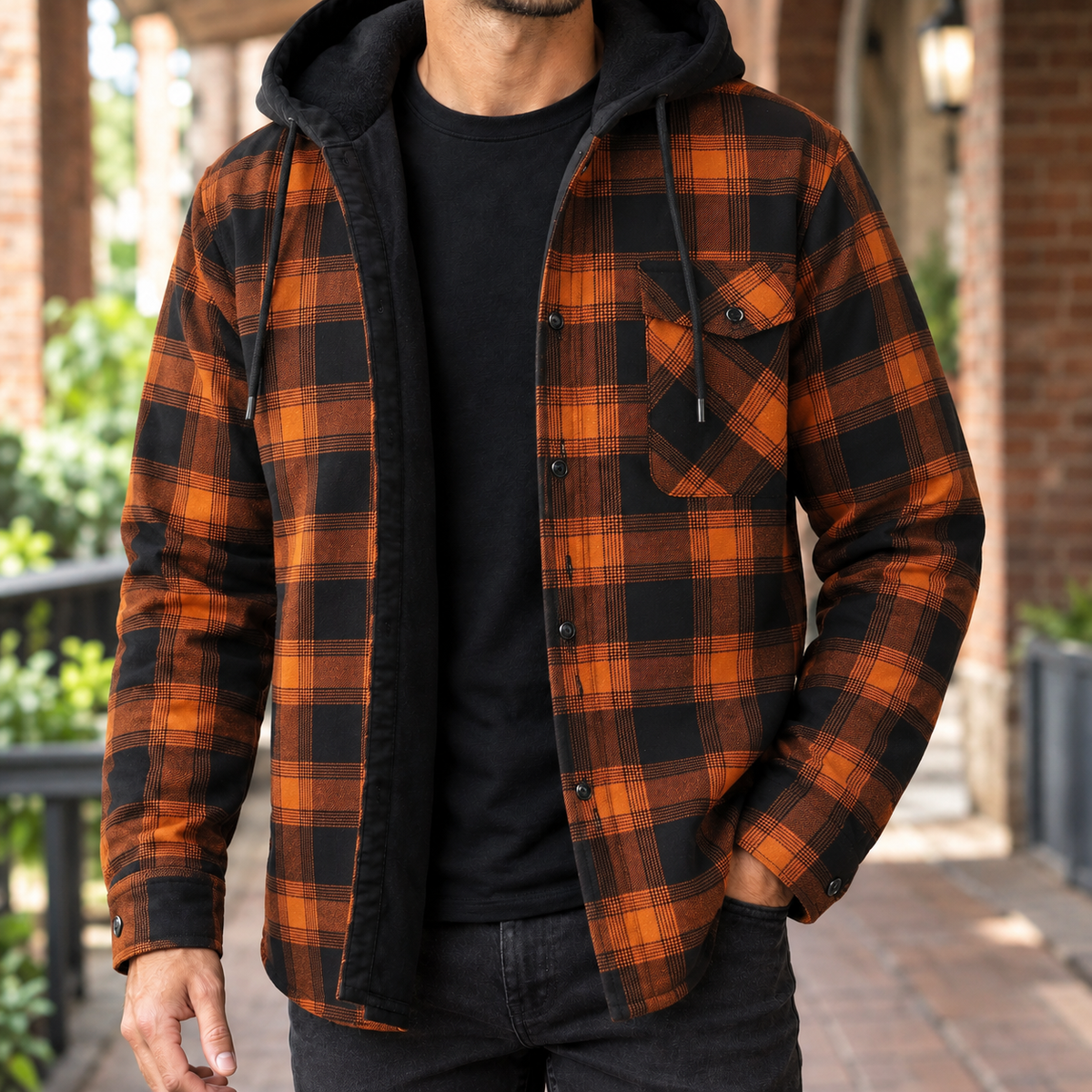 Camisa-casaco de ganga com capuz e padrão aos quadrados