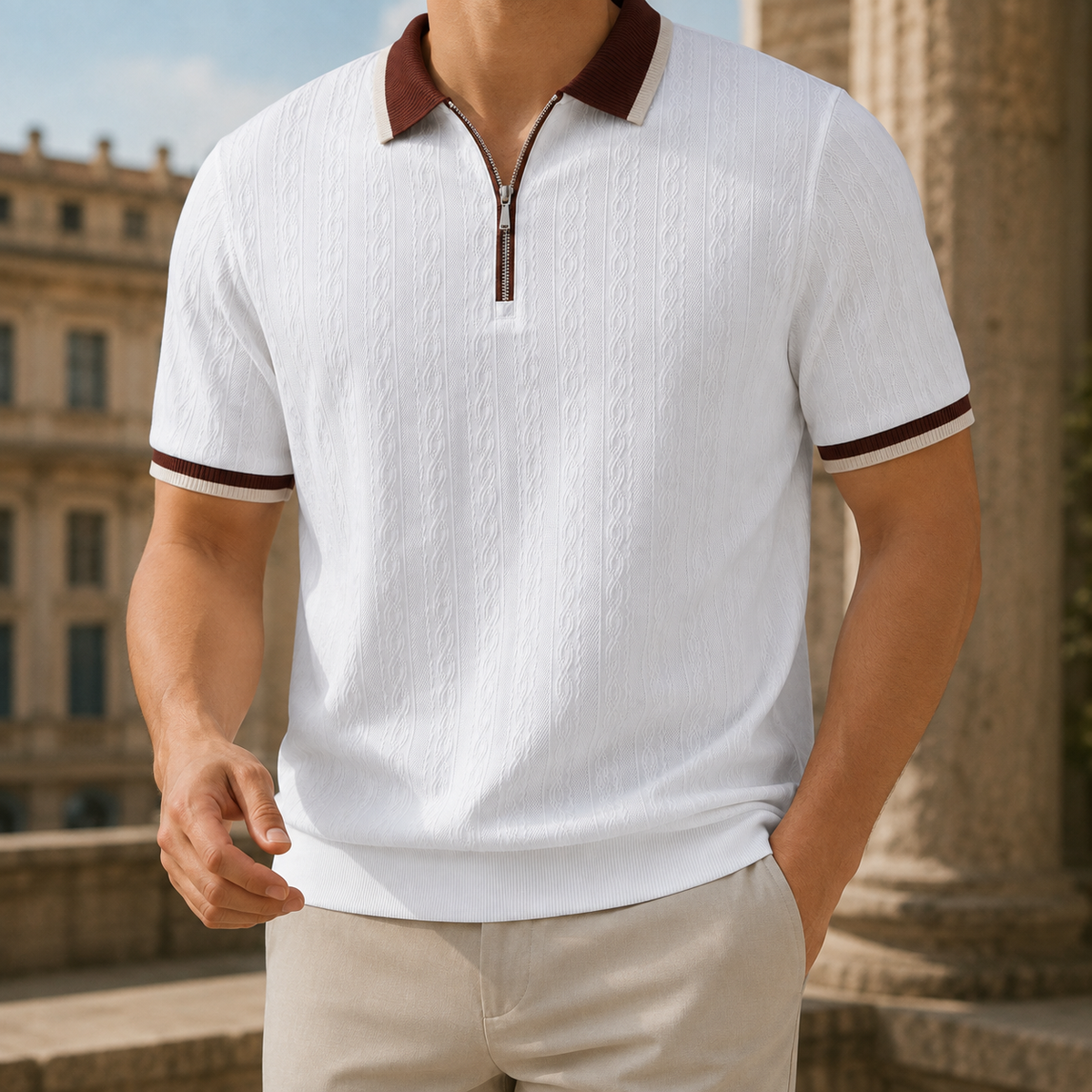 Strukturiertes Poloshirt mit halbem Reißverschluss