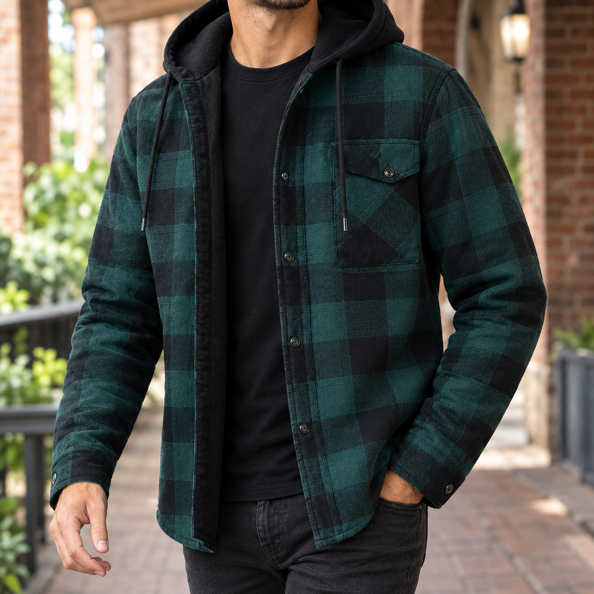 Camisa-casaco de ganga com capuz e padrão aos quadrados