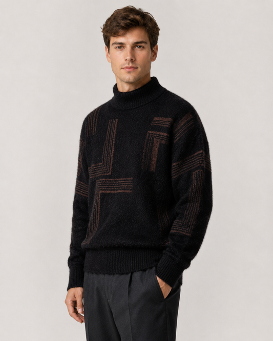 Herrenpullover aus flauschigem Strukturstrick mit geometrischem Muster und Trichterkragen