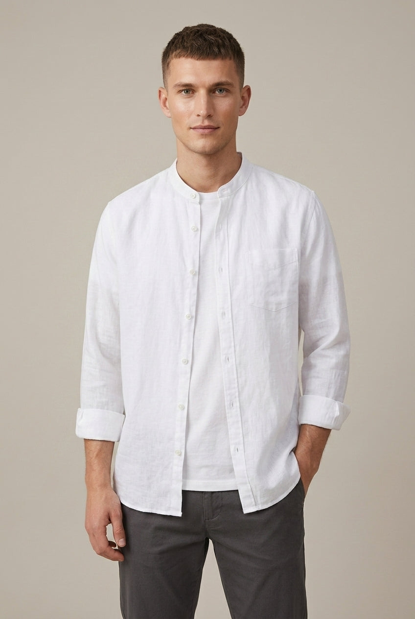 Erkek Keten Karışımlı Hakim Yaka Uzun Kollu Gömlek